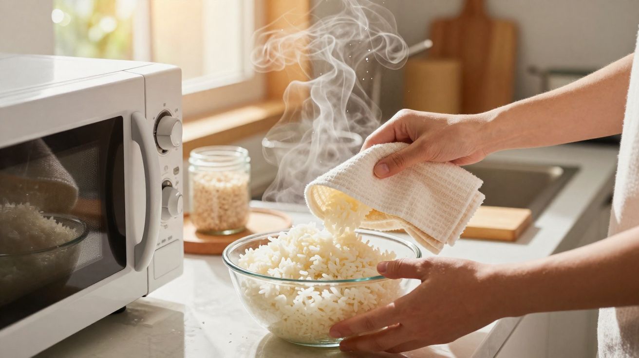 Mãos a servir arroz quente num recipiente de vidro ao lado de micro-ondas numa cozinha iluminada.