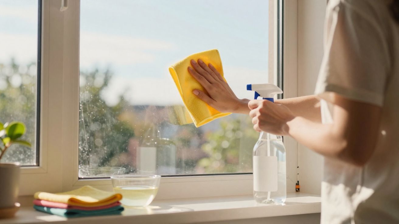 Pessoa a limpar vidraça de janela com pano amarelo e spray de vidro, luz natural ao fundo.
