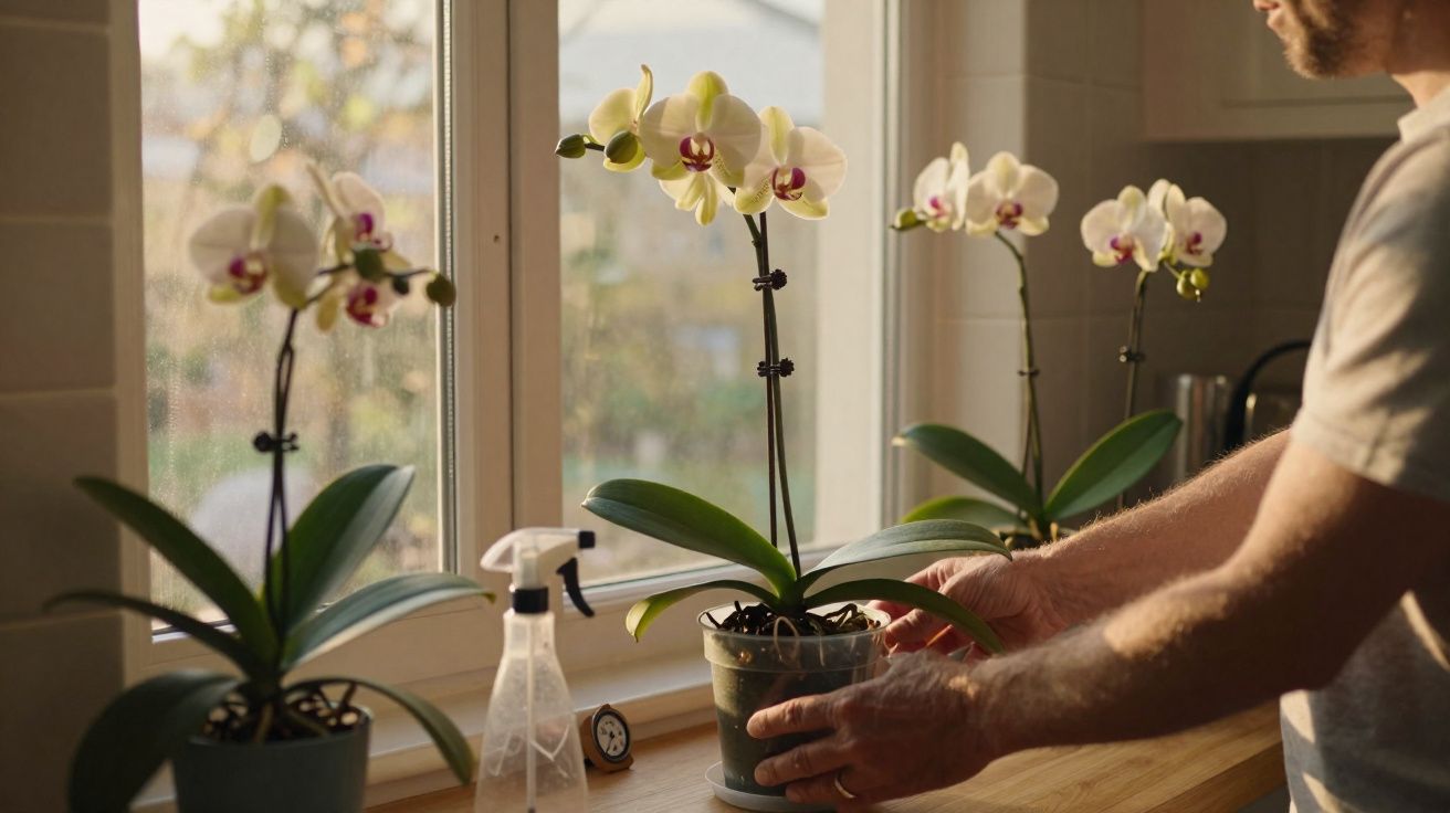 Pessoa a cuidar de orquídeas brancas com centro roxo junto a janela, com borrifador e termómetro na bancada.