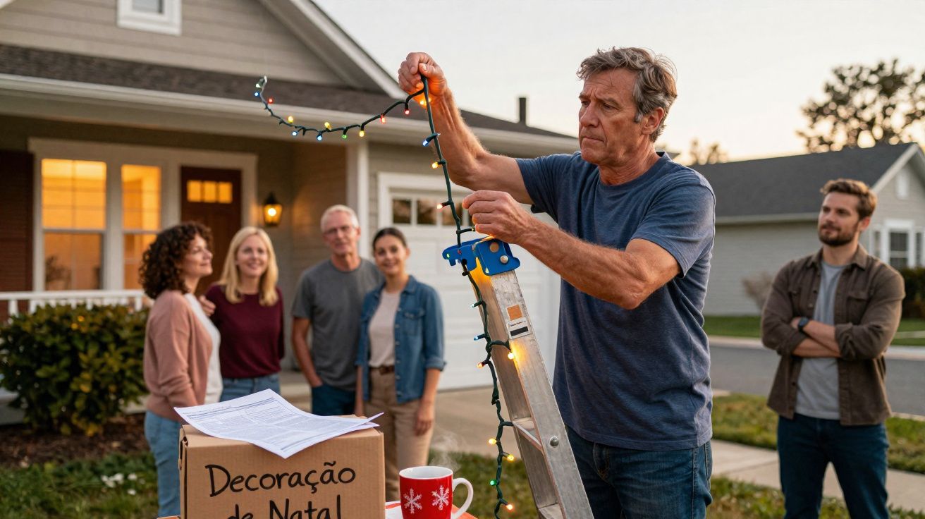 Homem a pendurar luzes de Natal numa escada com grupo de pessoas a observar em frente a casa.