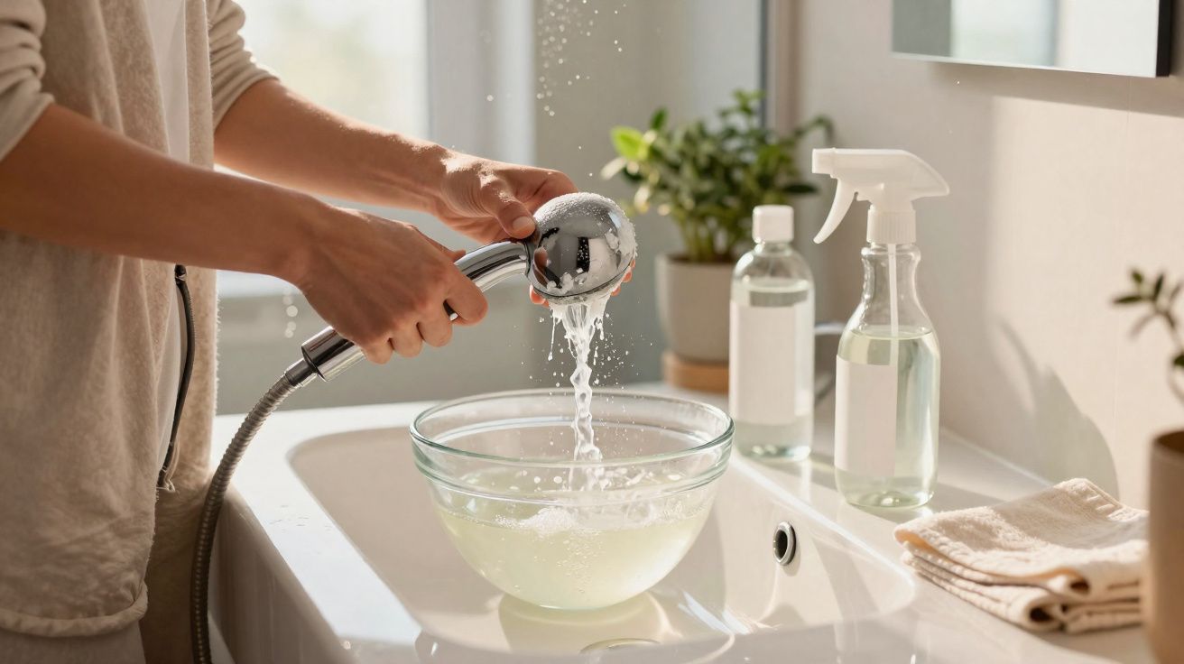 Pessoa a lavar bola de vidro com chuveiro de mão na pia de casa de banho iluminada.