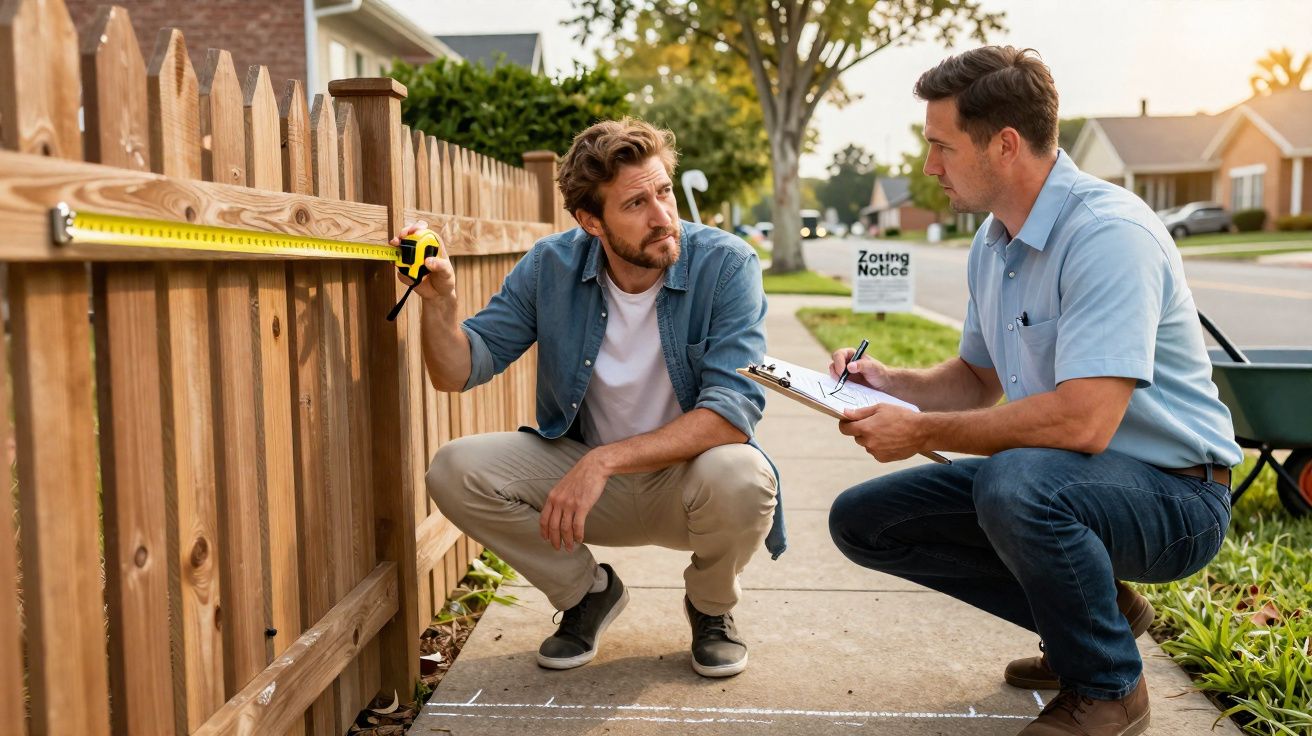 Dois homens em conversa, um mede uma vedação de madeira enquanto o outro escreve numa prancheta na calçada.