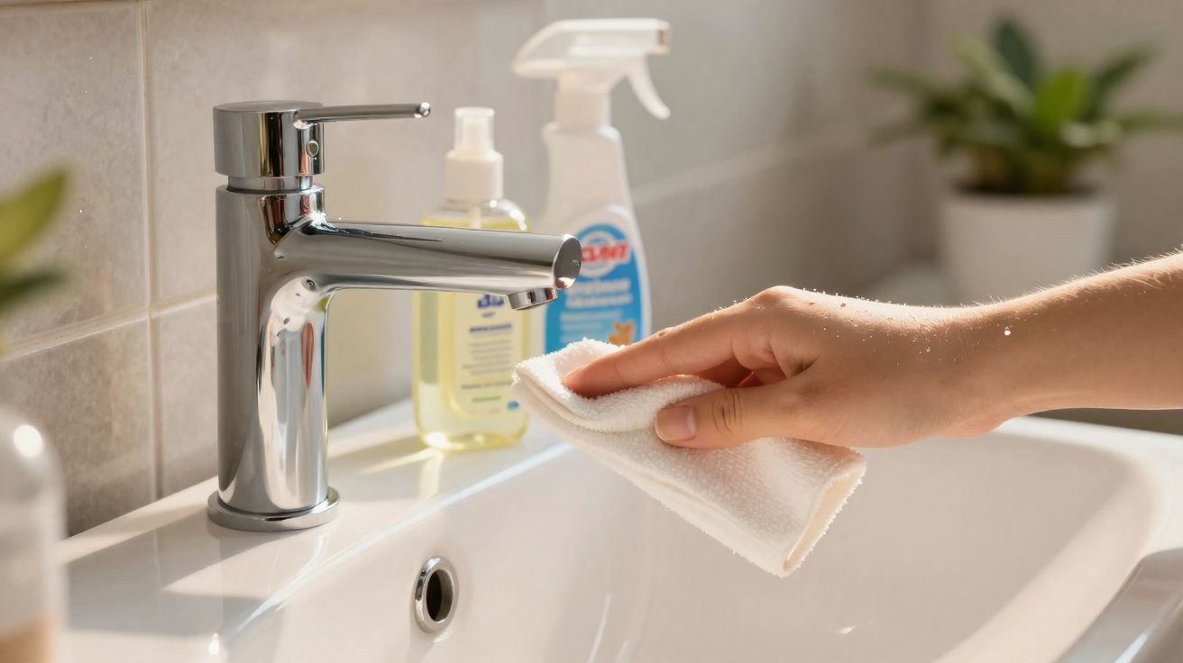 Mão a limpar a torneira cromada da pia com um pano branco, com frascos de produtos de limpeza ao fundo.