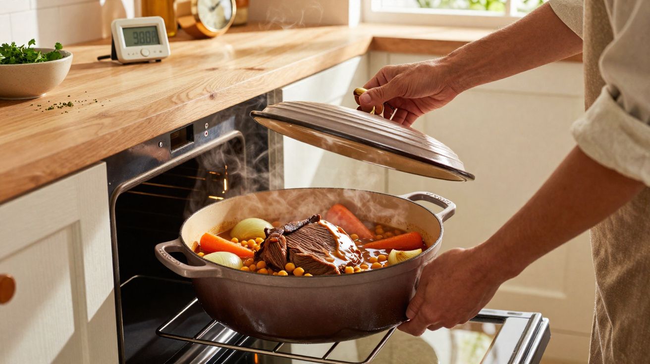Pessoa a retirar panela de carne e legumes fumegantes do forno numa cozinha iluminada.