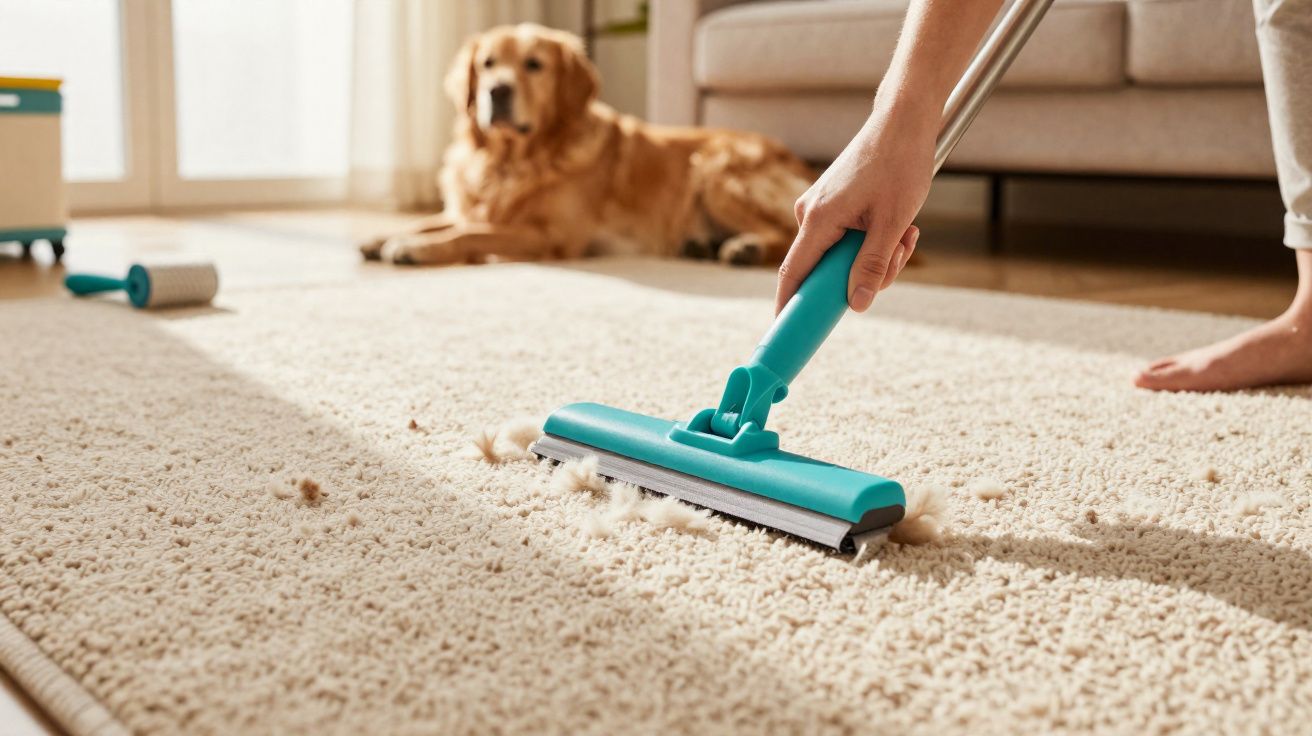 Pessoa a usar rodo para remover pelos de cão de tapete claro com cão dourado ao fundo.