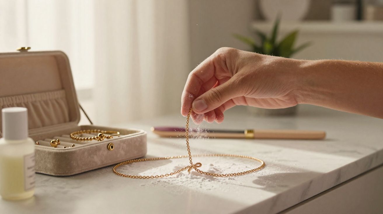 Mão feminina a limpar colar dourado com pó branco sobre superfície de mármore, caixa de joias e pincel ao fundo.