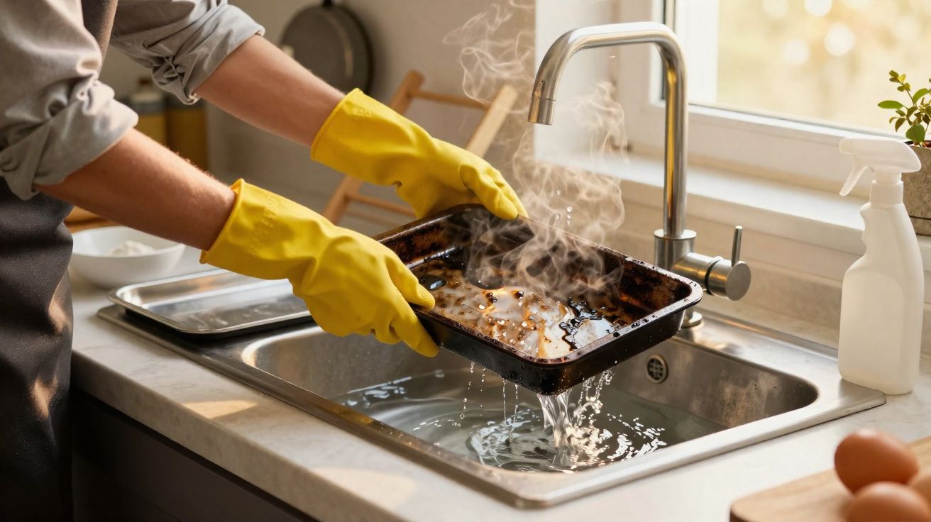 Pessoa a lavar tabuleiro de ir ao forno com luvas amarelas junto a pia com água a escorrer e vapor.
