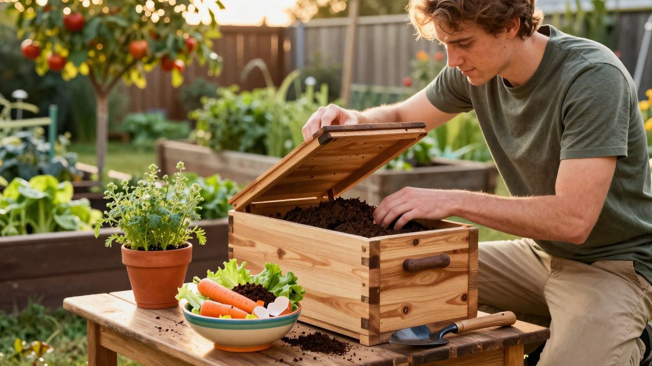 Homem a fazer compostagem num jardim com legumes e ervas num ambiente ao ar livre.