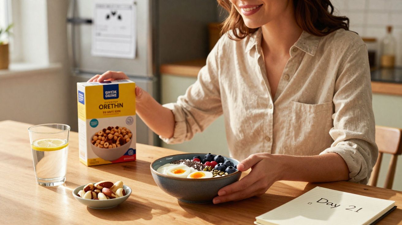 Mulher sorridente com tigela de iogurte, frutas e ovos, cereais, frutos secos e copo de água com limão na cozinha.