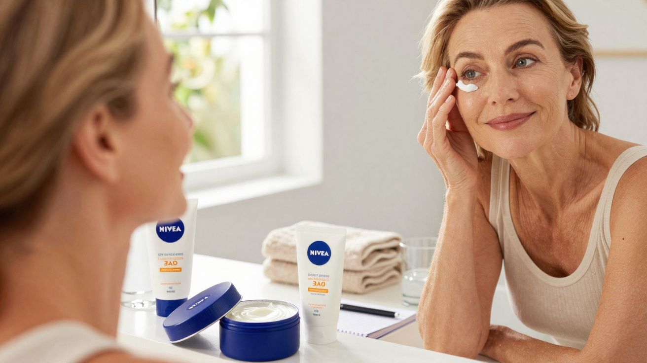 Mulher aplica creme hidratante num rosto refletido no espelho, com produtos Nivea na mesa.