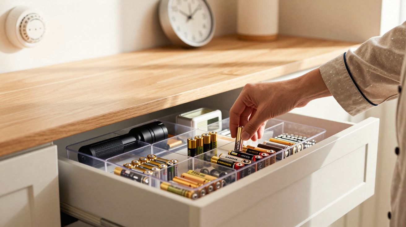 Mão a retirar pilha AA de gaveta organizada com pilhas e lanterna em divisórias transparentes.