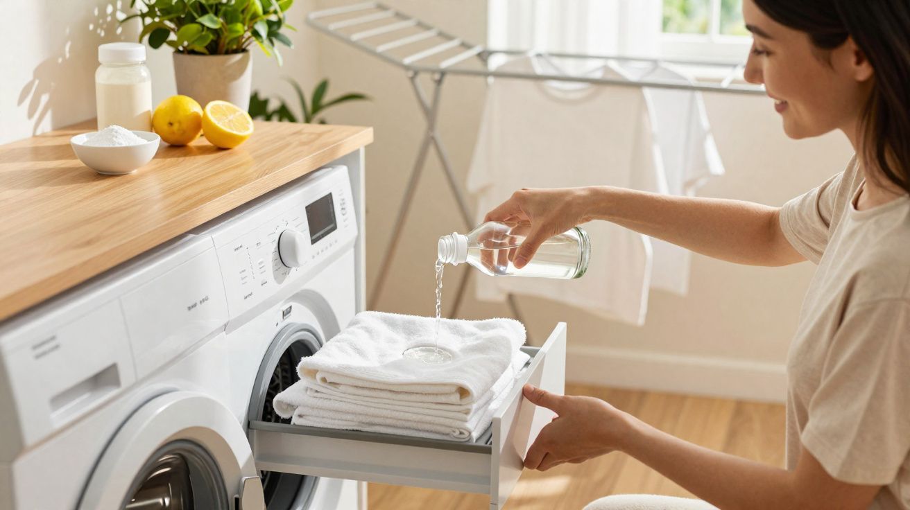 Mulher a aplicar líquido num medidor sobre toalhas brancas junto a máquina de lavar roupa.