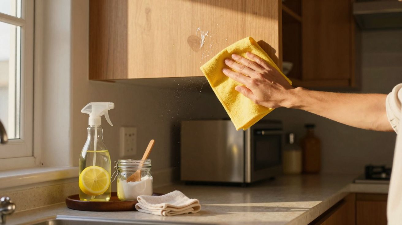 Mão com pano amarelo a limpar nódoa branca em móvel de cozinha de madeira clara com produtos de limpeza naturais.