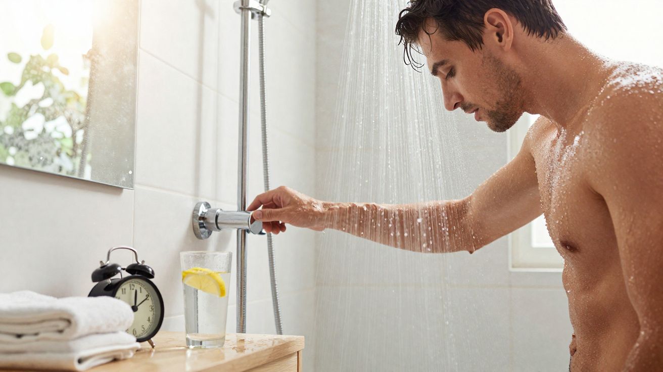 Homem a tomar duche, ajusta temperatura da água, com relógio, toalhas e copo de água com limão à superfície.