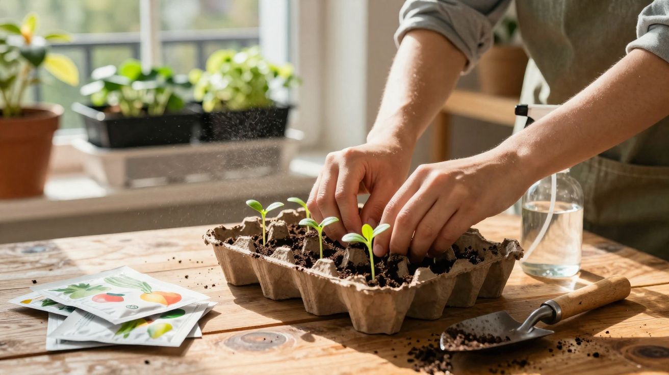 Pessoa a plantar sementes em tabuleiro reciclável numa mesa de madeira, com pacotes de sementes e regador próximo.