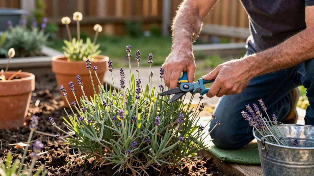 Pessoa a podar plantas de lavanda num jardim com tesoura de poda azul.