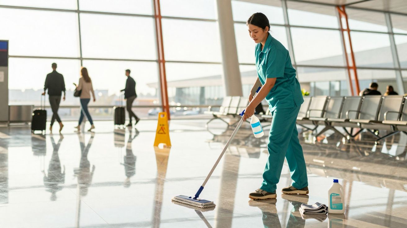 Funcionária em uniforme azul a limpar o chão brilhante de um aeroporto com esfregona e spray.