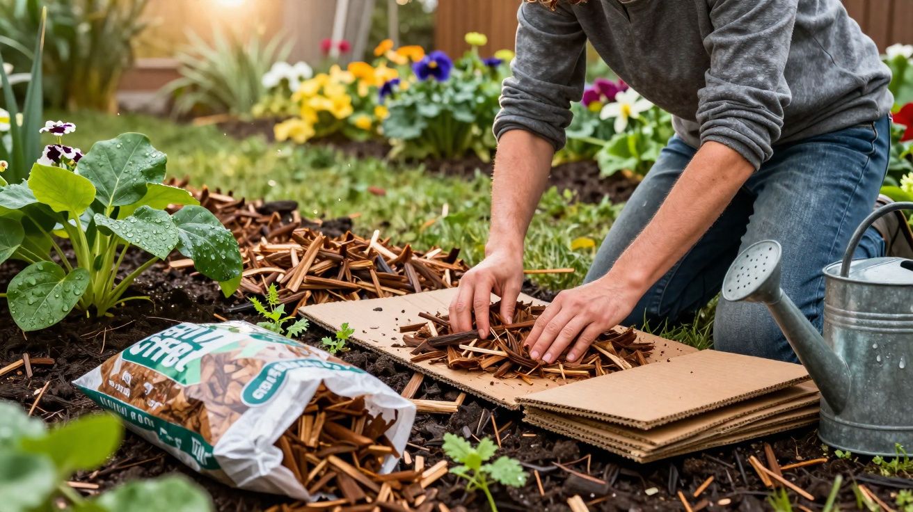 Pessoa a colocar cobertura orgânica de madeira no solo do jardim com regador ao lado e flores coloridas ao fundo.