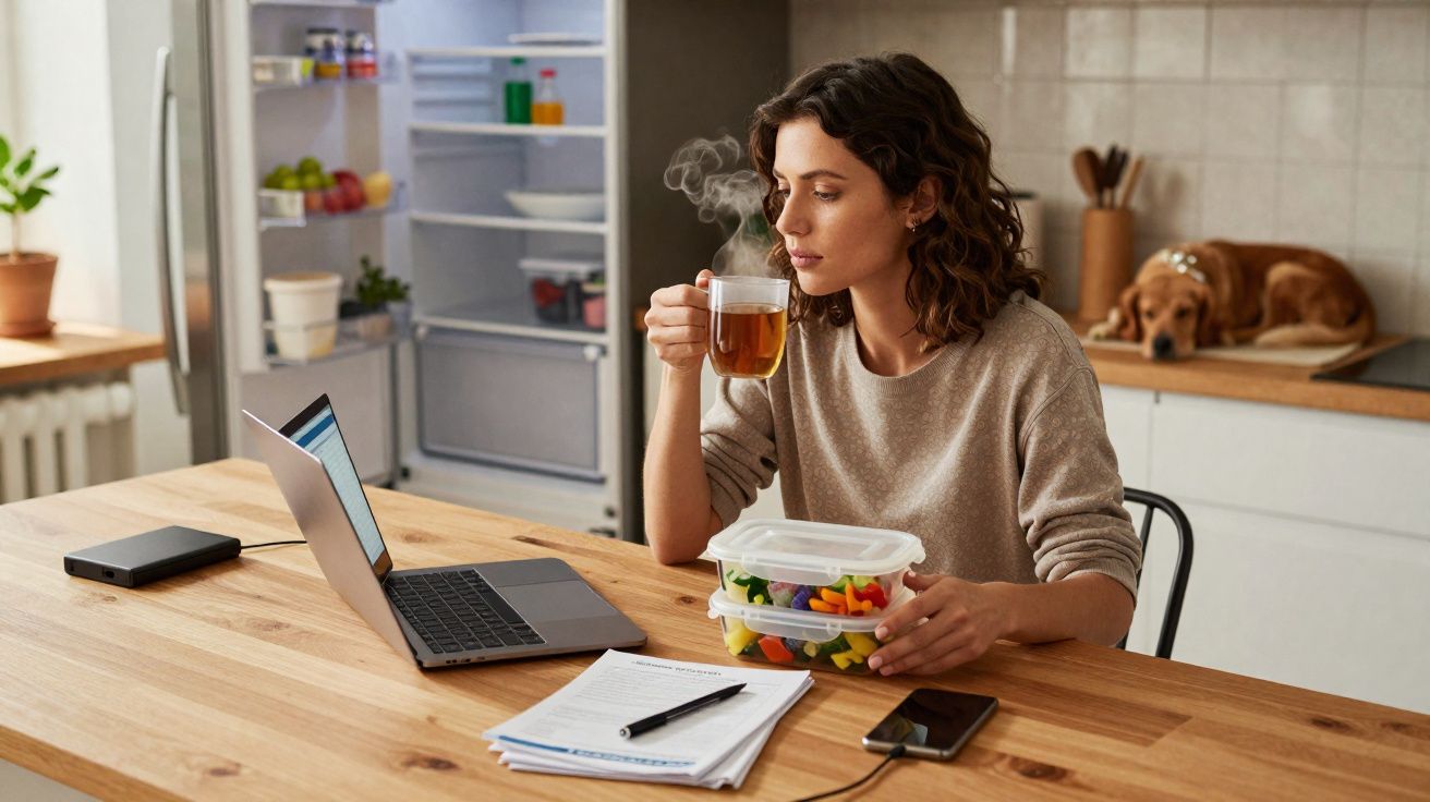 Mulher sentada na cozinha a beber chá, com marmita, computador portátil e cão a dormir no fundo.
