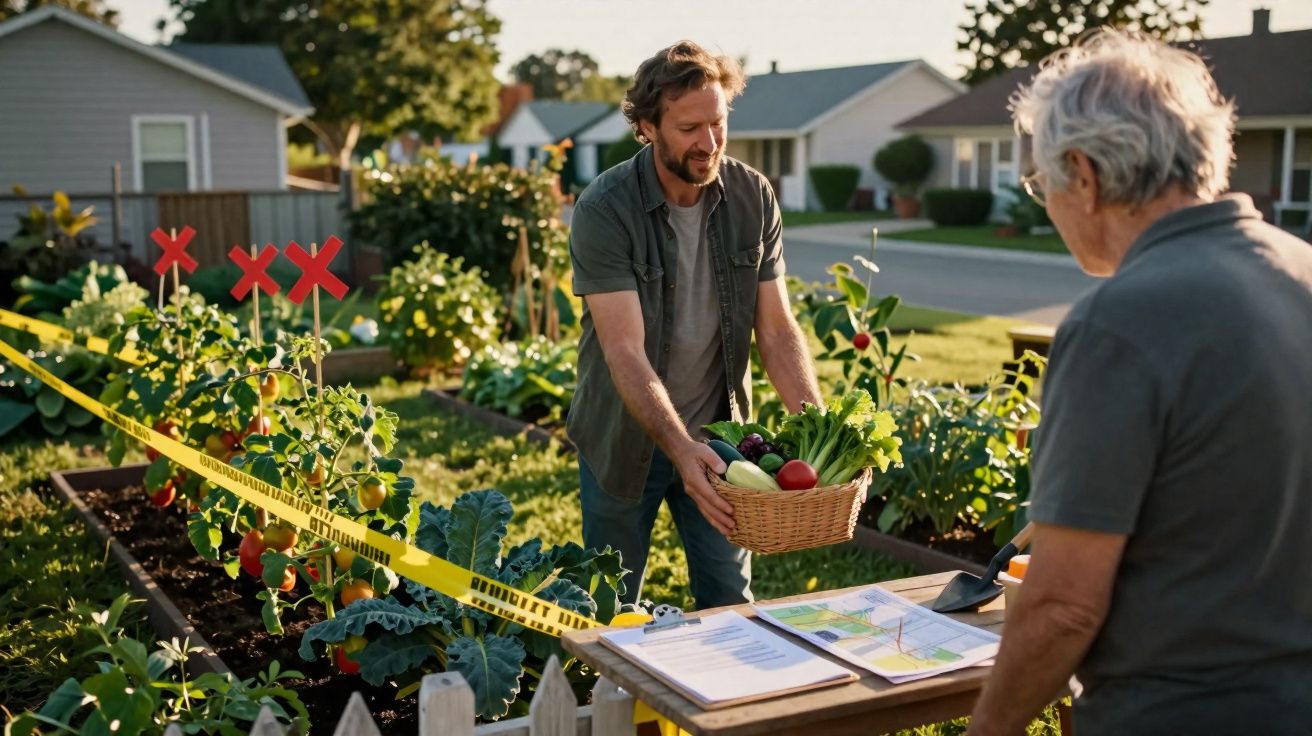 Homem entrega cesto de legumes frescos a mulher numa horta comunitária ao ar livre.