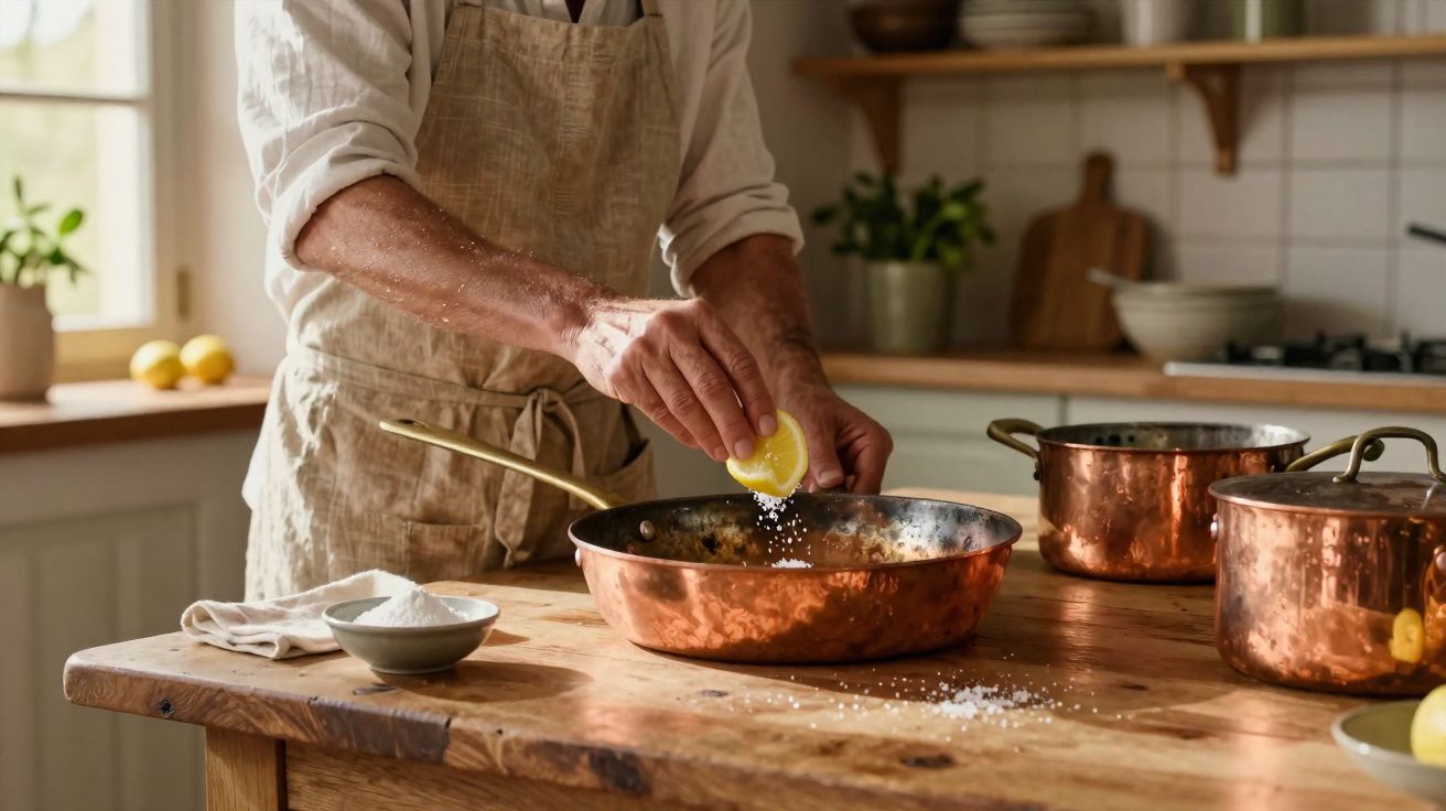 Pessoa a temperar comida com limão e sal em frigideira de cobre numa cozinha rústica.