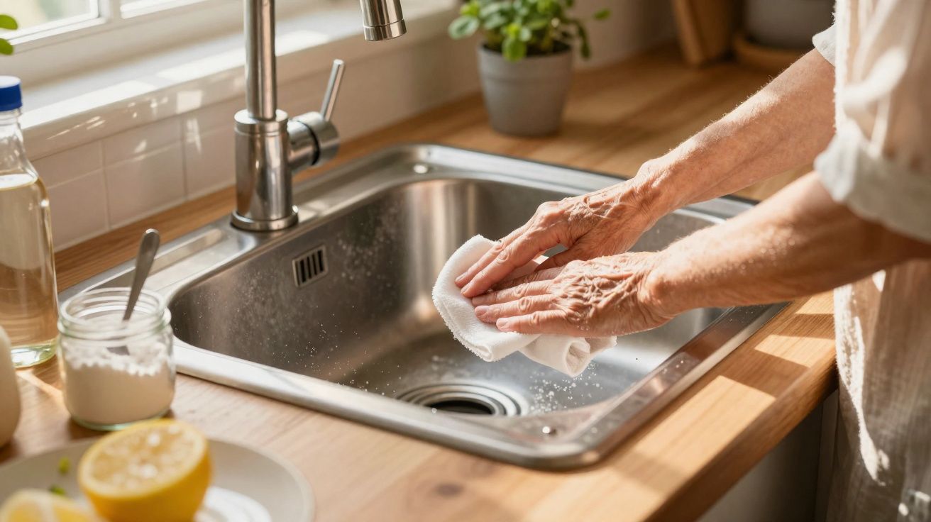 Mãos femininas a limpar uma pia de cozinha inox com um pano branco, rodeada de utensílios e frutas.