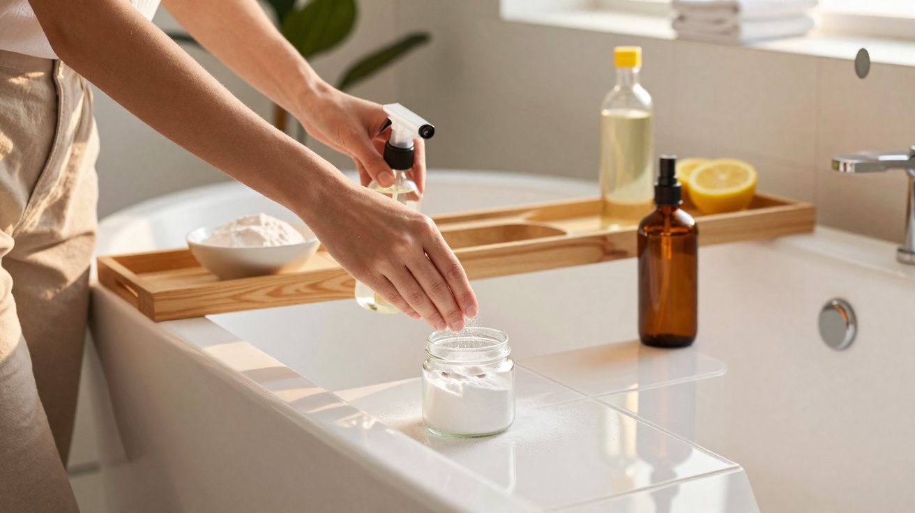 Pessoa a preparar mistura de limpeza natural junto a banheira com líquidos e bicarbonato de sódio.