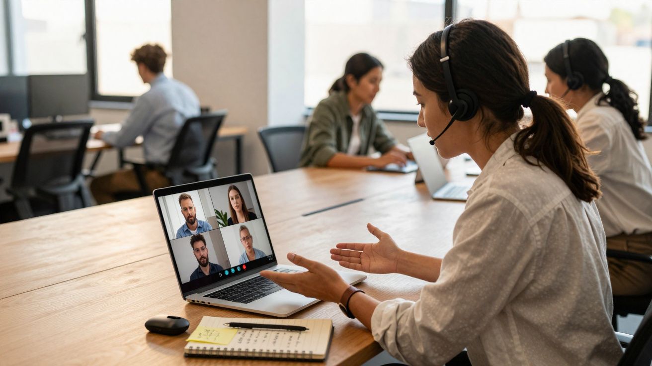 Pessoa com auscultador participa numa videochamada em escritório moderno com colegas ao fundo.