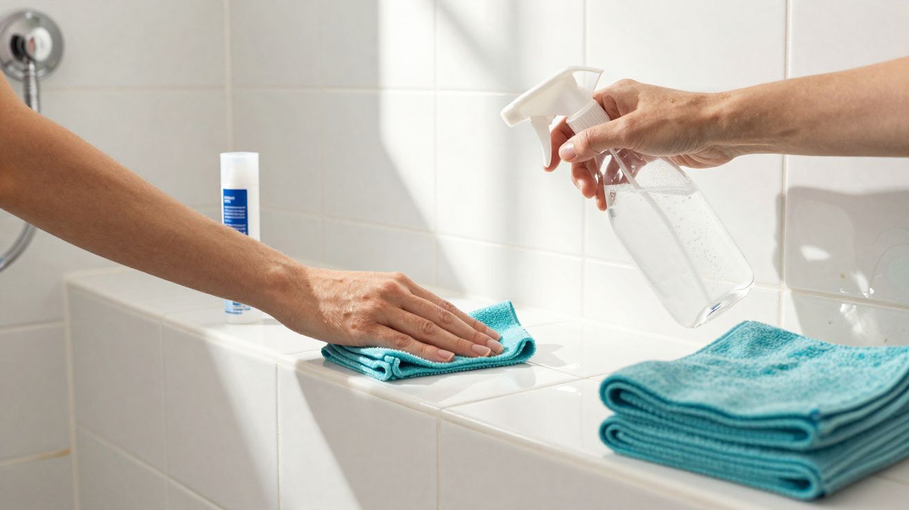 Mãos a limpar azulejos brancos com spray e pano azul num ambiente de casa de banho.
