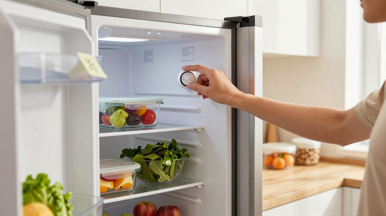 Pessoa ajusta a temperatura do frigorífico aberto com legumes e frutas dentro numa cozinha.