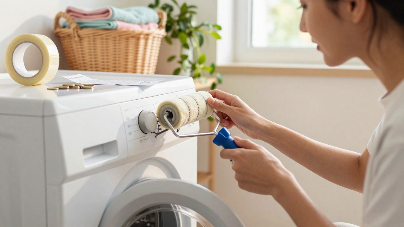 Pessoa limpa o painel de uma máquina de lavar branca com um rolo de pintura em casa.