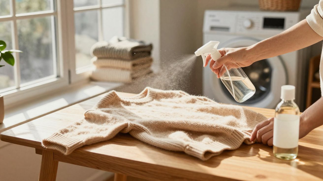 Pessoa a borrifar líquido num casaco de malha castanho claro numa mesa de madeira junto a uma janela.
