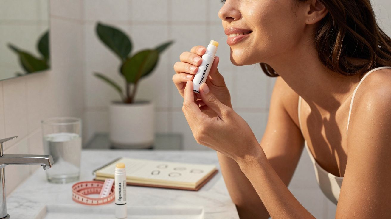 Mulher a aplicar batom hidratante junto a lavatório com copo de água, planta e caderno numa casa de banho.