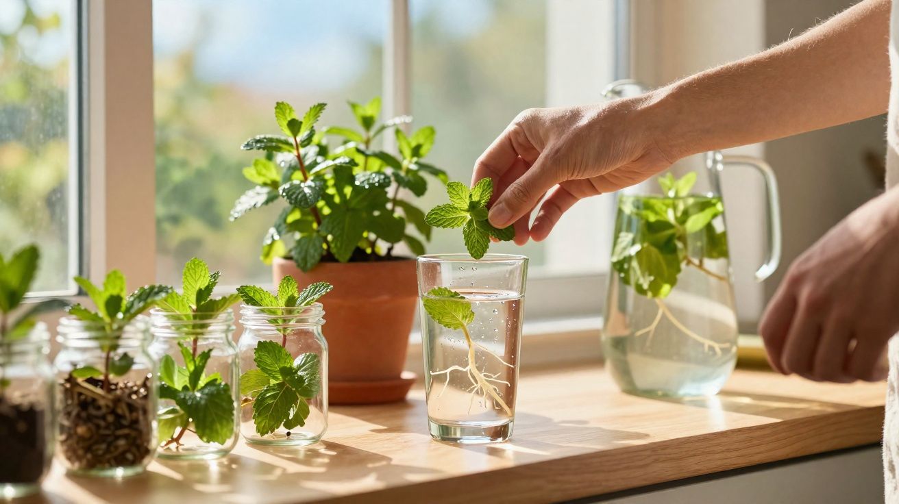 Mãos a colocar raminho de planta num copo com água junto a jarro e frascos com plantas à luz natural na janela.