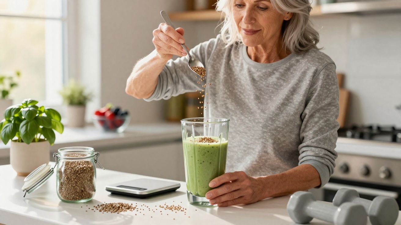 Mulher adulta a polvilhar sementes num batido verde numa cozinha moderna e iluminada.