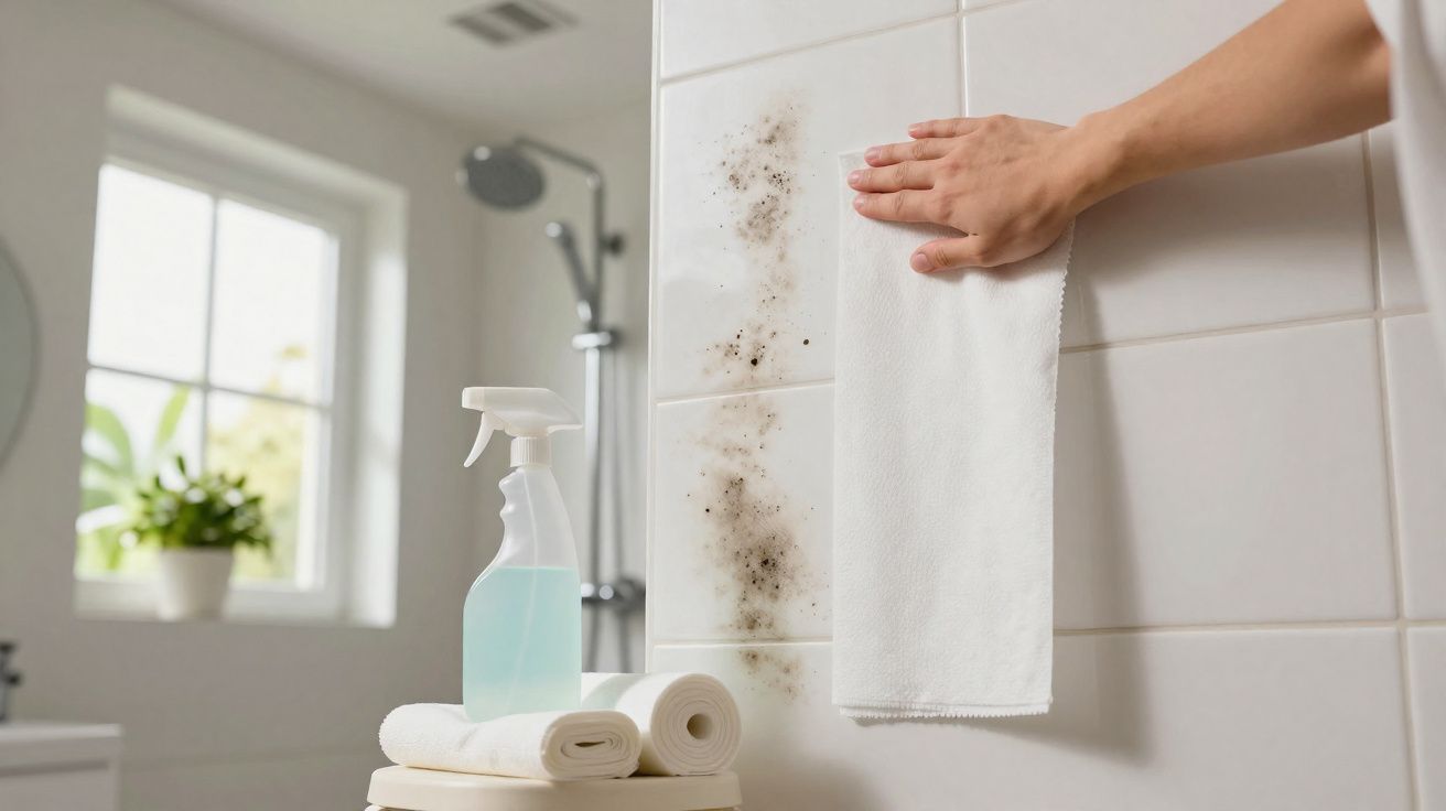 Mão a limpar bolor de azulejos brancos na casa de banho com pano branco e spray de limpeza.