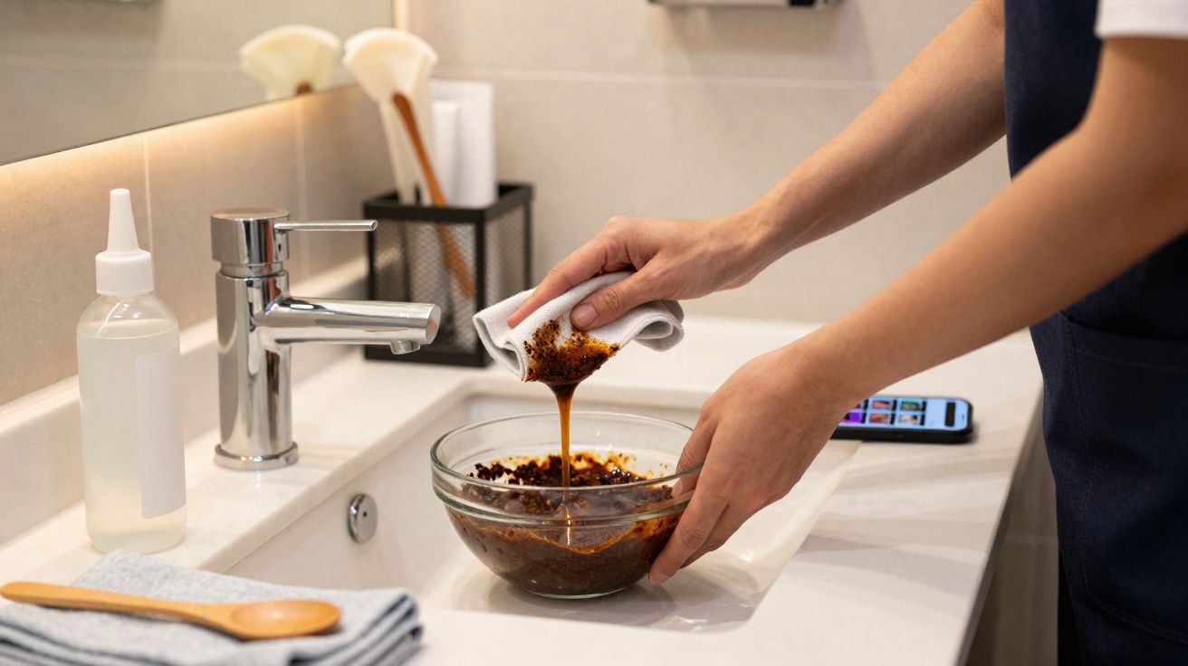 Pessoa a espremer borra de café sobre uma tigela de vidro numa casa de banho moderna.