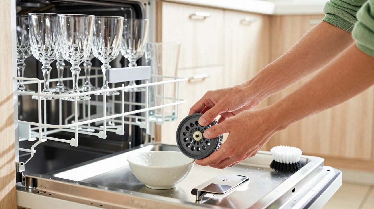 Mãos a limpar ou substituir o filtro do lava-louças aberto numa cozinha moderna com copos no suporte.