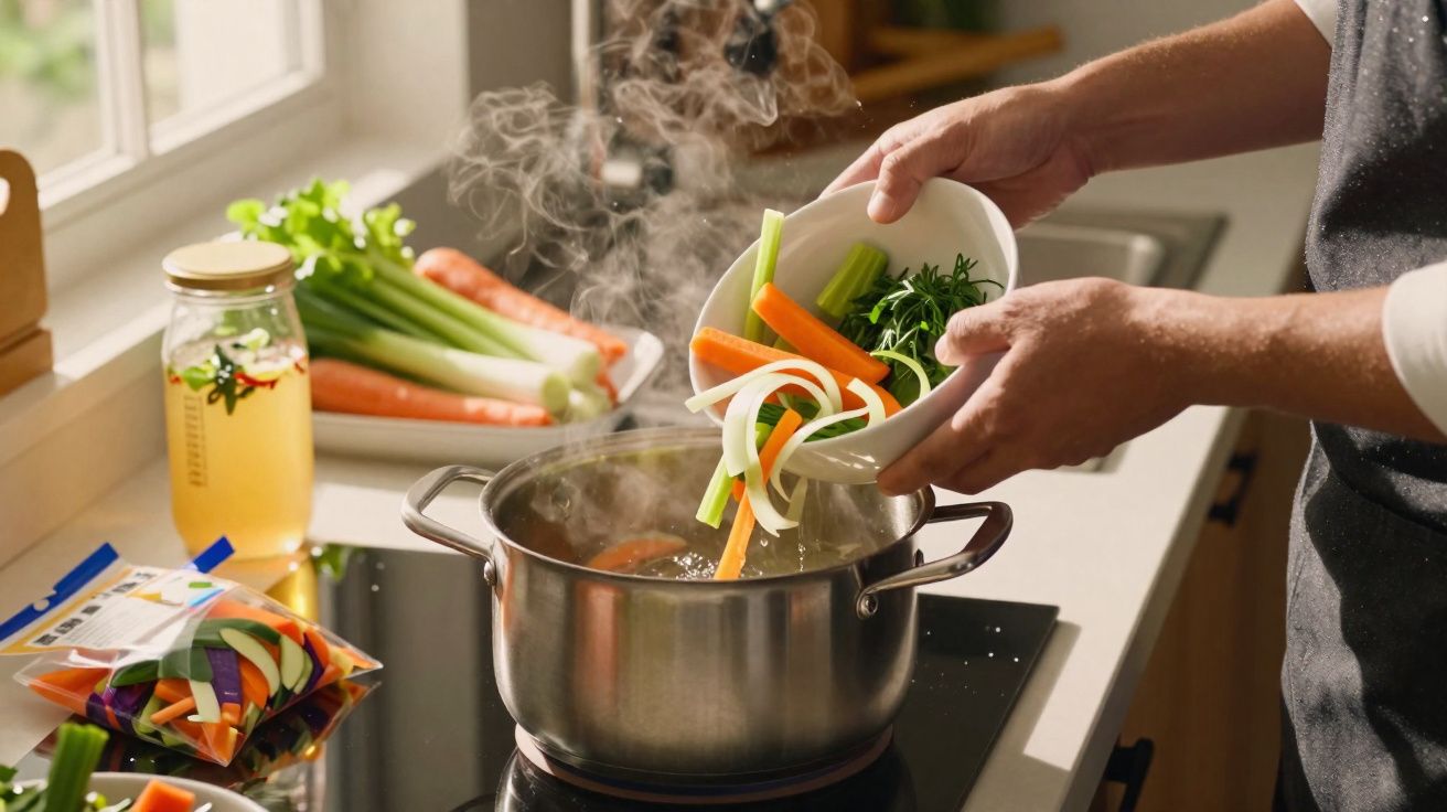 Mãos a colocar legumes frescos numa panela a ferver numa cozinha iluminada por luz natural.