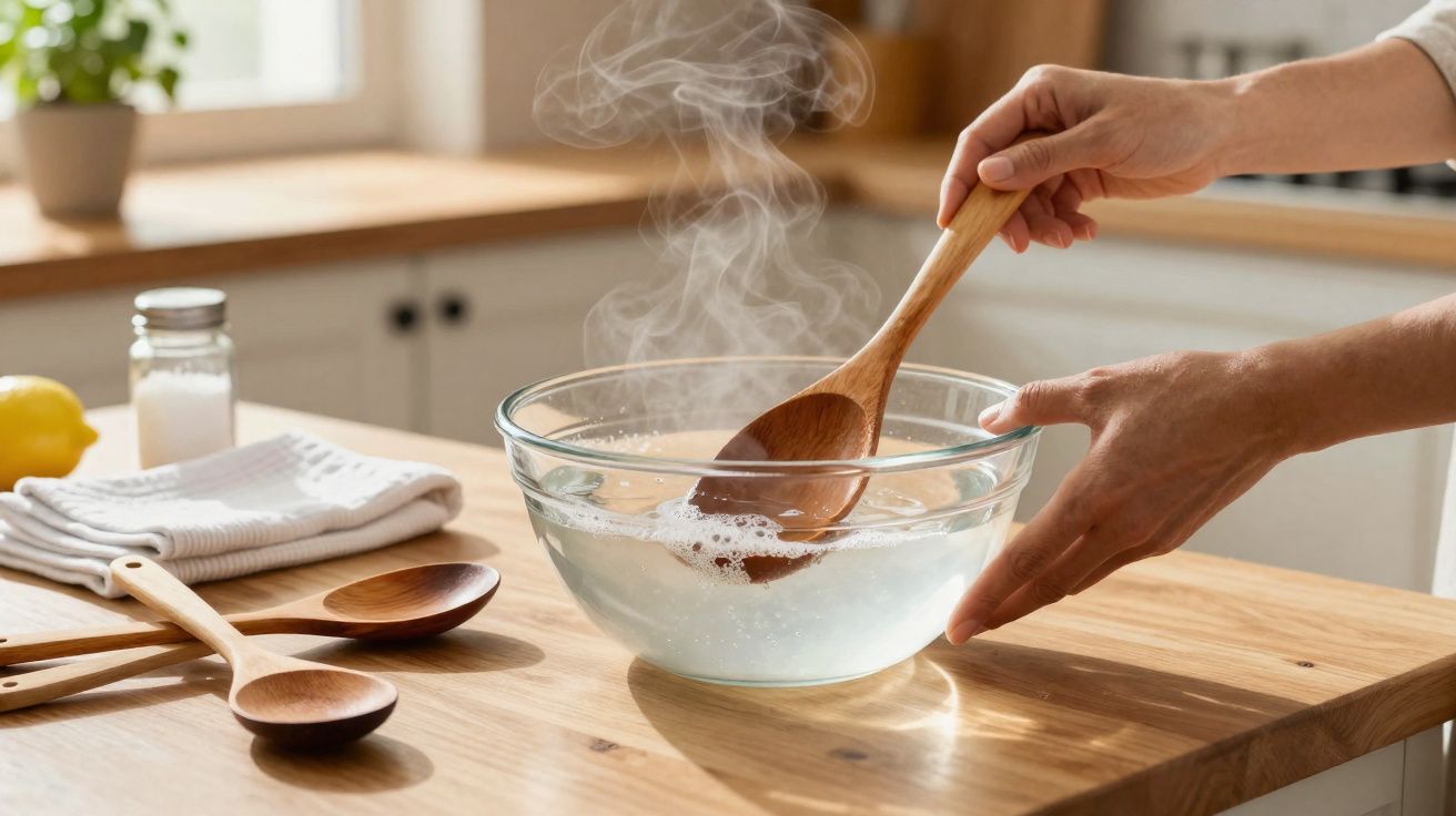 Mãos mexem com colher de pau numa taça de vidro com líquido quente a gerar vapor numa cozinha iluminada.