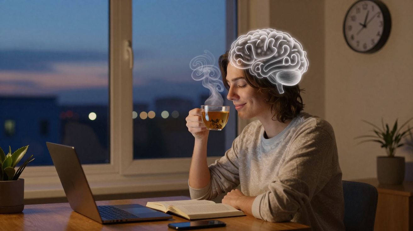 Pessoa a beber chá enquanto estuda com o cérebro iluminado, à noite, numa mesa com computador portátil.