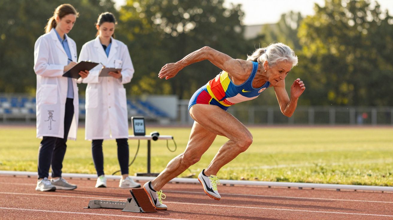 Atleta sénior a começar corrida numa pista de atletismo enquanto duas mulheres em batas brancas observam e anotam dados.