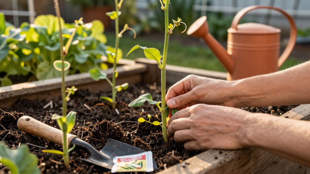 Mãos a plantar uma muda numa horta com terra, regador e enxada de mão ao fundo.