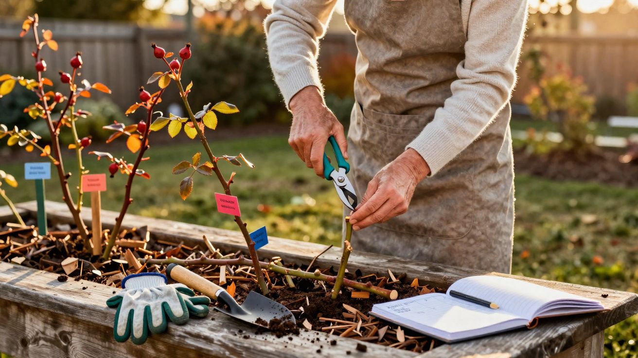Pessoa podando roseira com tesoura de poda numa mesa de cultivo com marcas e registo escrito ao lado.