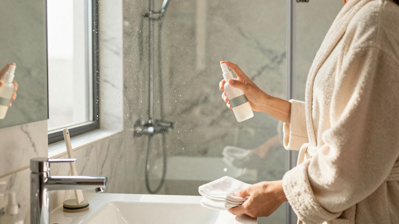 Pessoa a pulverizar produto de limpeza num espelho de casa de banho moderna.