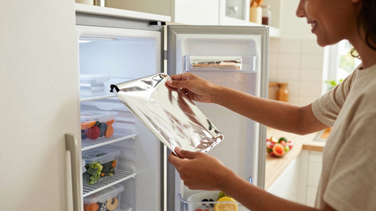 Pessoa a colocar saco prateado dentro do frigorífico com alimentos organizados em caixas transparentes.