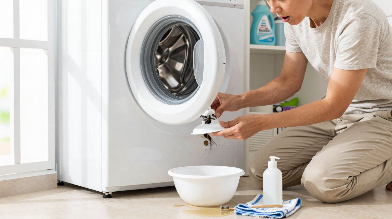 Pessoa a limpar o filtro de uma máquina de lavar roupa com recipiente e produtos de limpeza ao lado.