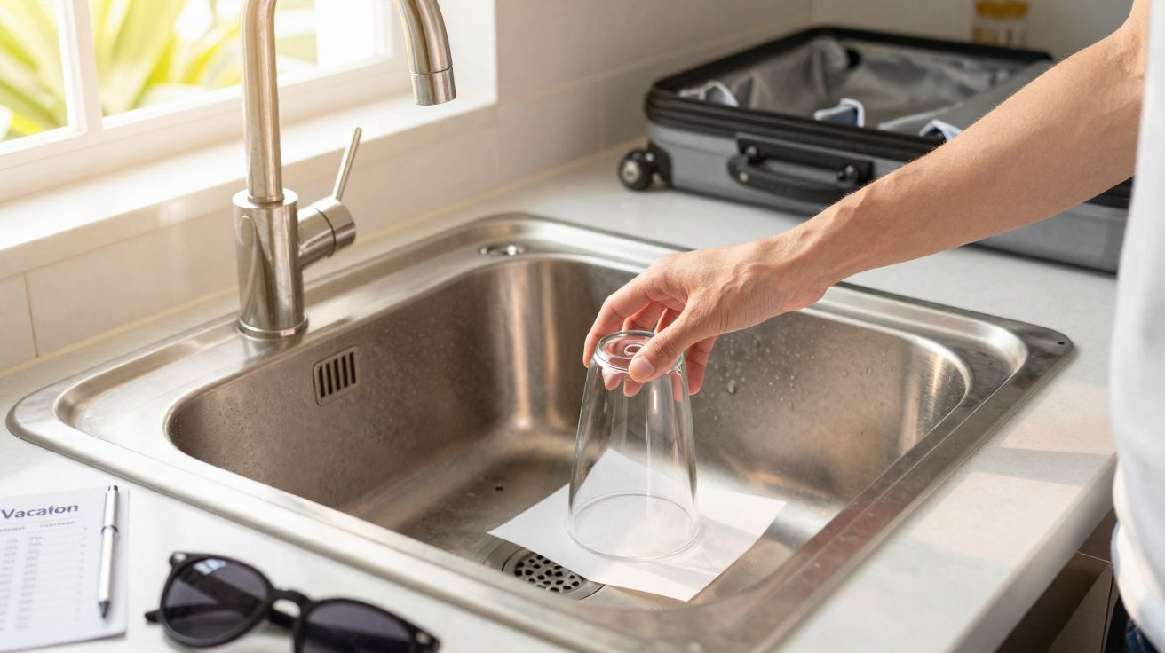 Mão a segurar copo virado para baixo numa pia de cozinha, próximo de prancheta e óculos de sol.