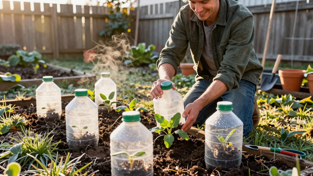 Homem planta e cobre mudas com garrafas plásticas cortadas num jardim ao ar livre com luz natural.
