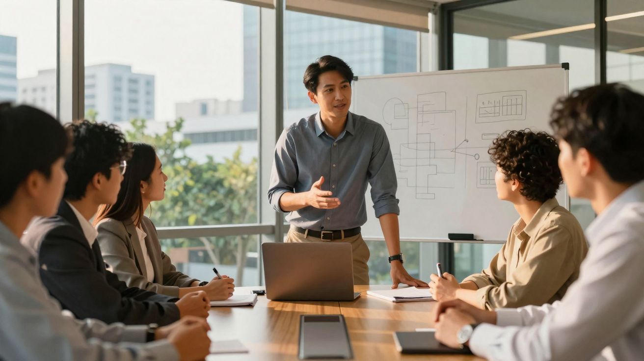 Homem apresenta plano de trabalho a grupo numa sala de reuniões com quadro branco e janelas amplas.